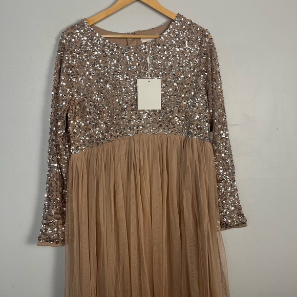New Maya Maternity long sleeved maxi dress sequin tulle skirt taupe blush 12 - Picture 4 of 13